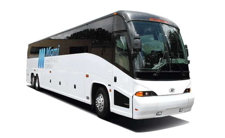 a plain white charter bus with a miami charter bus company logo
