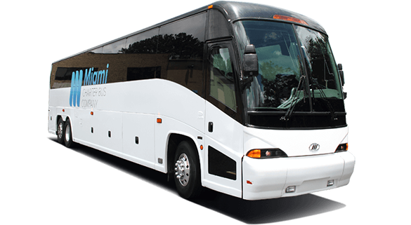 a plain white charter bus with an orlando charter bus company logo on it